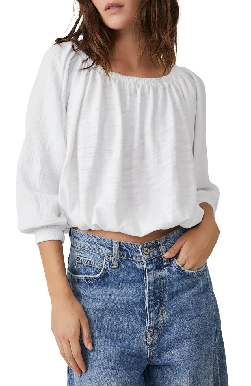 Free People Parfait Bubble Crop Top Long Sleeve Peasant Boho 100% Cotton S